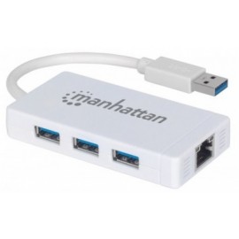 Manhattan Hub USB 3.0 de 3 Puertos, 1x RJ-45, 5000 Mbits, Blanco